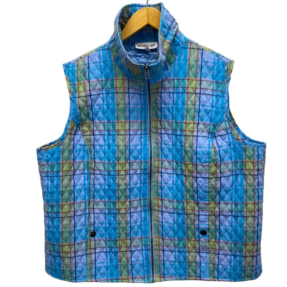 VTG Southern Lady Quilted Plaid Vest Women 1X Stand Collar Zip Front Pockets